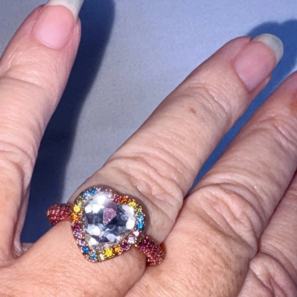 Kurt Geiger Heart Cocktail Ring Size 9 Rainbow Rose Gold Statement Pavé